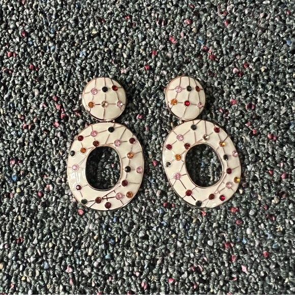 ZARA Off-White Cream & Colorful Gemstone Oval Dangle Statement Earrings Jewelry - Picture 5 of 12